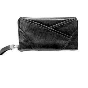 Perlina Black Leather Wristlet Wallet Zip Around Clutch